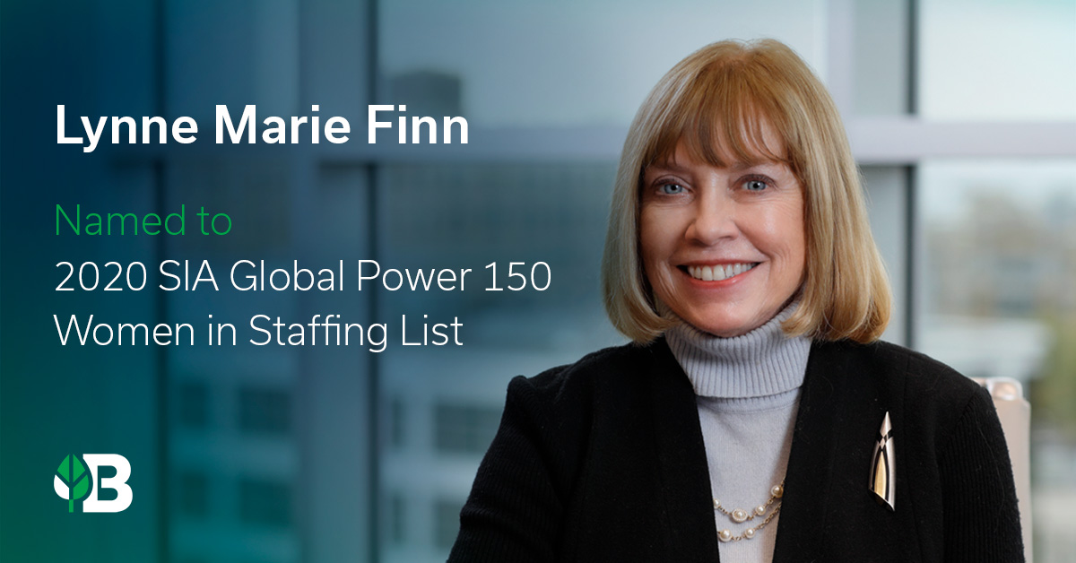 Lynne Marie Finn headshot with the text Named to SIA’s 2020 Global Power 150 in Woman Staffing List