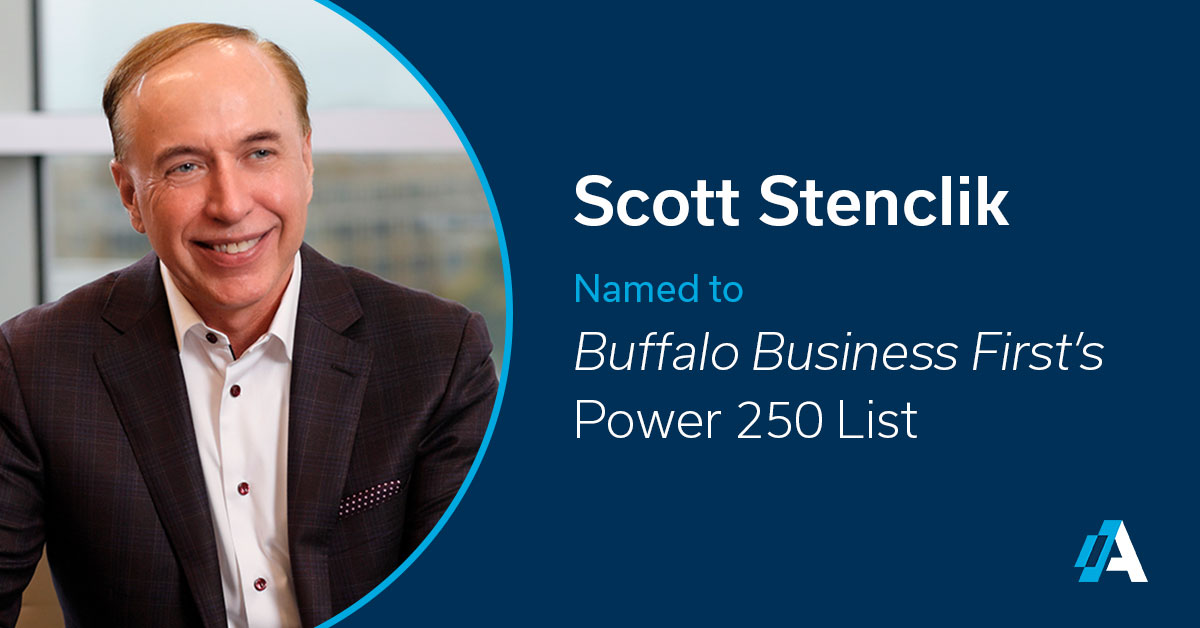 Headshot of Scott Stenclik next to text that reads Scott Stenclik Named to Buffalo Business First's Power 250 List