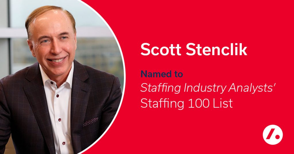 Scott Stenclik headshot with the text Named to Staffing Industry Analysts' Staffing 100 List